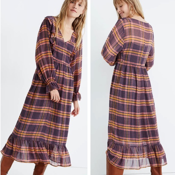 Madewell Dresses & Skirts - MADEWELL SHEER PLAID FULL SLEEVE RUFFLE DRESS